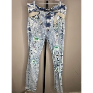 Another Hype Piece AHP Sz 42 Distressed Paint Splatter Skinny Jeans Light Wash